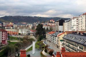 widok na miasto z fontanną i budynkami w obiekcie Hotel Altiana w mieście Ourense