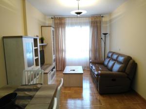 a living room with a leather couch and a television at Apartamento turistico Olite in Olite