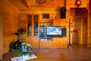 a living room with a television in a wooden cabin at Casa Campelinos in Dumbría