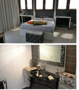 Un dormitorio con una cama, un lavabo y un espejo. en B&B Olania, en Castellammare di Stabia