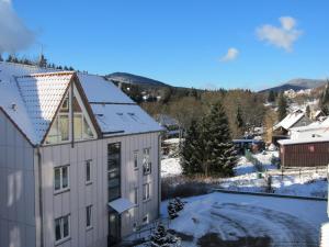 Aussicht vom Balkon eines Hauses im Schnee in der Unterkunft Brockenapartments in Schierke
