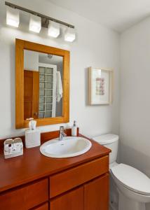 a bathroom with a sink, toilet and mirror at Weezie's Ocean Front Hotel and Garden Cottages in Caye Caulker