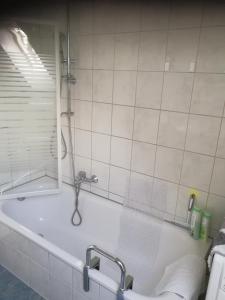 a bath tub with a shower in a bathroom at Ferienwohnung "Zur Biene" in Winsen