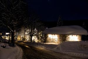 a building covered in snow at night with lights at Land- und Kurhotel Tommes in Schmallenberg