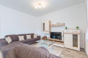 a living room with a couch and a tv at Apartman Tea in Privlaka