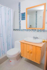 W łazience znajduje się toaleta, umywalka i lustro. w obiekcie Hostal Riviera Sucre w mieście Otavalo