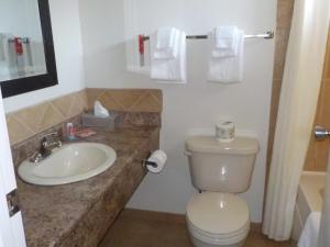 a white toilet sitting next to a sink in a bathroom at Econolodge Vernon in Vernon