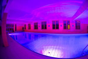 a swimming pool with pink lights in a building at Hotel Kovac in Osilnica