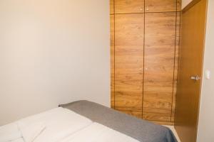 ブワディスワボボにあるFamily Homes - Apartamenty Gwiazda Morzaのベッドルーム1室(ベッド1台付)、木製キャビネットが備わります。