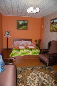 ヤロスラヴリにあるApartment on Tolbukhina 64のベッドルーム1室(ベッド1台、ソファ、椅子付)
