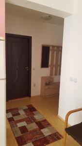 een kamer met een zwarte deur en een tapijt bij Apartament Maria in Floreşti