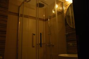 W łazience znajduje się prysznic ze szklanymi drzwiami. w obiekcie Hotel Achillion w mieście Makrýgialos