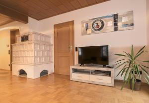 a living room with a flat screen tv on a entertainment center at Ferienwohnung am Bodensee Heiligenberg in Heiligenberg