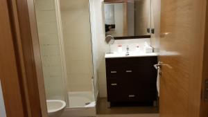 Un baño con inodoro, lavabo y ducha. en Apartamentos Puerta Muralla, en Teruel