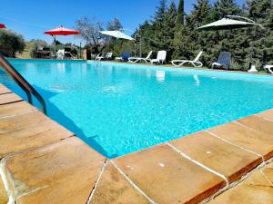 a swimming pool with chairs and umbrellas at Agriturismo Longetti in Assisi