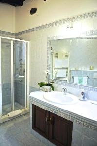 a bathroom with a sink and a shower and a mirror at Il Giardino Incantato in Monterosso al Mare