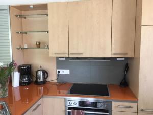 a kitchen with wooden cabinets and a stove top oven at Gîte Grewis in La Wantzenau