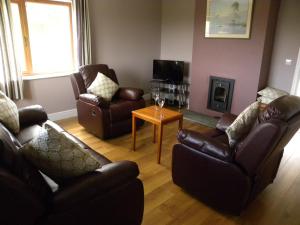 a living room with leather furniture and a table at Orchard lodge Bantry in Glanbannoo Upper
