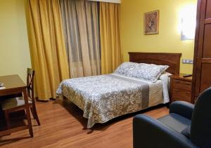 a bedroom with a bed and a desk and a chair at Hotel Reina Isabel in Medina del Campo +85 photos