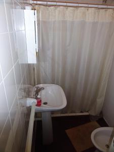 baño con lavabo y cortina de ducha en El Solar de Belén en Belén de Escobar