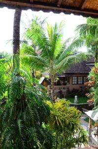 Elle offre une vue sur un jardin avec des palmiers et une maison. dans l'établissement Guci Guesthouses, à Ubud