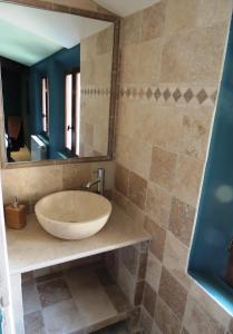 baño con lavabo grande y espejo en Domaine Houillon en Faucon