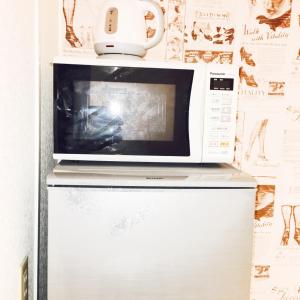 a microwave sitting on top of a refrigerator at Guest House Fukuoka W302 in Kasugabaru +4 photos