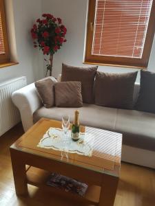 uma sala de estar com um sofá e uma mesa com copos de vinho em Apartment Joksimovic em Zlatibor