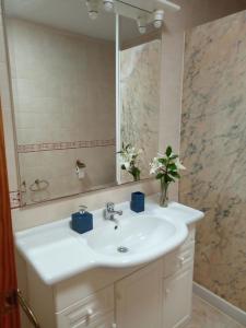 bagno con lavandino bianco e specchio di Apartamentos Casa Cipri a Playa Blanca