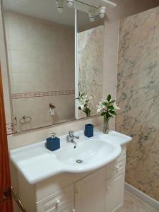 łazienka z białą umywalką i lustrem w obiekcie Apartamentos Casa Cipri w mieście Playa Blanca