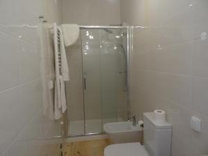 a white bathroom with a shower and a toilet at Alojamentos Casa Facha Papaia in Portalegre +10 photos