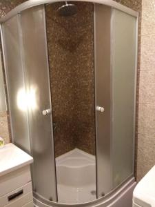 La salle de bains est pourvue d'une douche avec une porte en verre. dans l'établissement Apartment Poltava, à Poltava