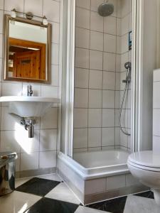 een badkamer met een douche, een wastafel en een toilet bij Kleines Haus am Hafen - ruhig und grün am Ortsrand in Prerow
