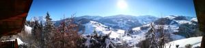 een uitzicht op een met sneeuw bedekte bergketen met bomen bij Ferienwohnung Klappacher in Maria Alm am Steinernen Meer