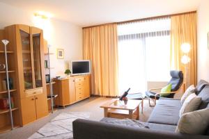 ein Wohnzimmer mit einem Sofa und einem TV in der Unterkunft Appartement Scharf in Bad Harzburg