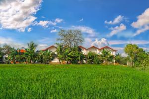 ein Feld mit grünem Gras neben einem Haus in der Unterkunft Rivonway Hotel Polonnaruwa in Polonnaruwa