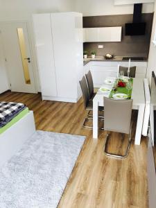 a kitchen and dining room with a table and chairs at Apartmán Monika in Lipno nad Vltavou +24 photos