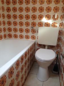 a bathroom with a toilet and a bath tub at Ferienwohnung Lindenstraße in Lübeck