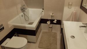 Un baño con bañera, inodoro y lavabo. en Apartament Parkowa Polana, en Polanica-Zdrój