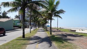 a row of palm trees on a sidewalk next to the beach at Apto Praia Grande in Praia Grande