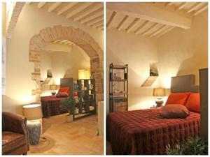 two pictures of a bedroom with a bed and an archway at Il Rifugio dell' Artista in Todi