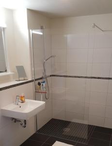 een badkamer met een douche en een wastafel bij Ferienwohnung Caprinus in Büsum
