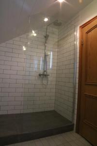 baño con ducha y puerta de cristal en Hvammur Apartments en Höfn