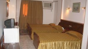 a hotel room with two beds and a television at Sara Hotel Aswan in Aswan