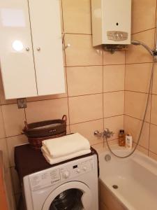 een kleine badkamer met een wasmachine en een bad bij Apartament Aga2 in Oświęcim