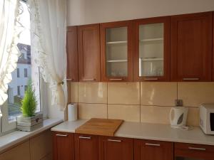 een keuken met houten kasten en een raam bij Apartament Aga2 in Oświęcim