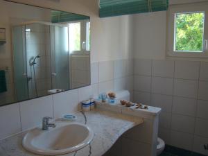 a bathroom with a sink and a mirror and a toilet at Apartman Martić in Klek