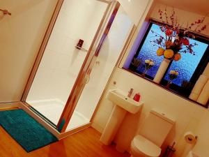 a bathroom with a shower and a toilet and a sink at Yvi's 2-3 Bedroom Town Apartment in Inverurie