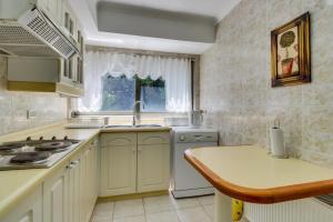 a kitchen with a sink and a stove at Departamento a orilla de Playa Grande Pucon, acceso directo al lago in Pucón +17 photos
