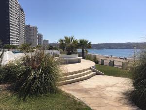 a walkway next to a beach with palm trees at Playa Herradura in Coquimbo